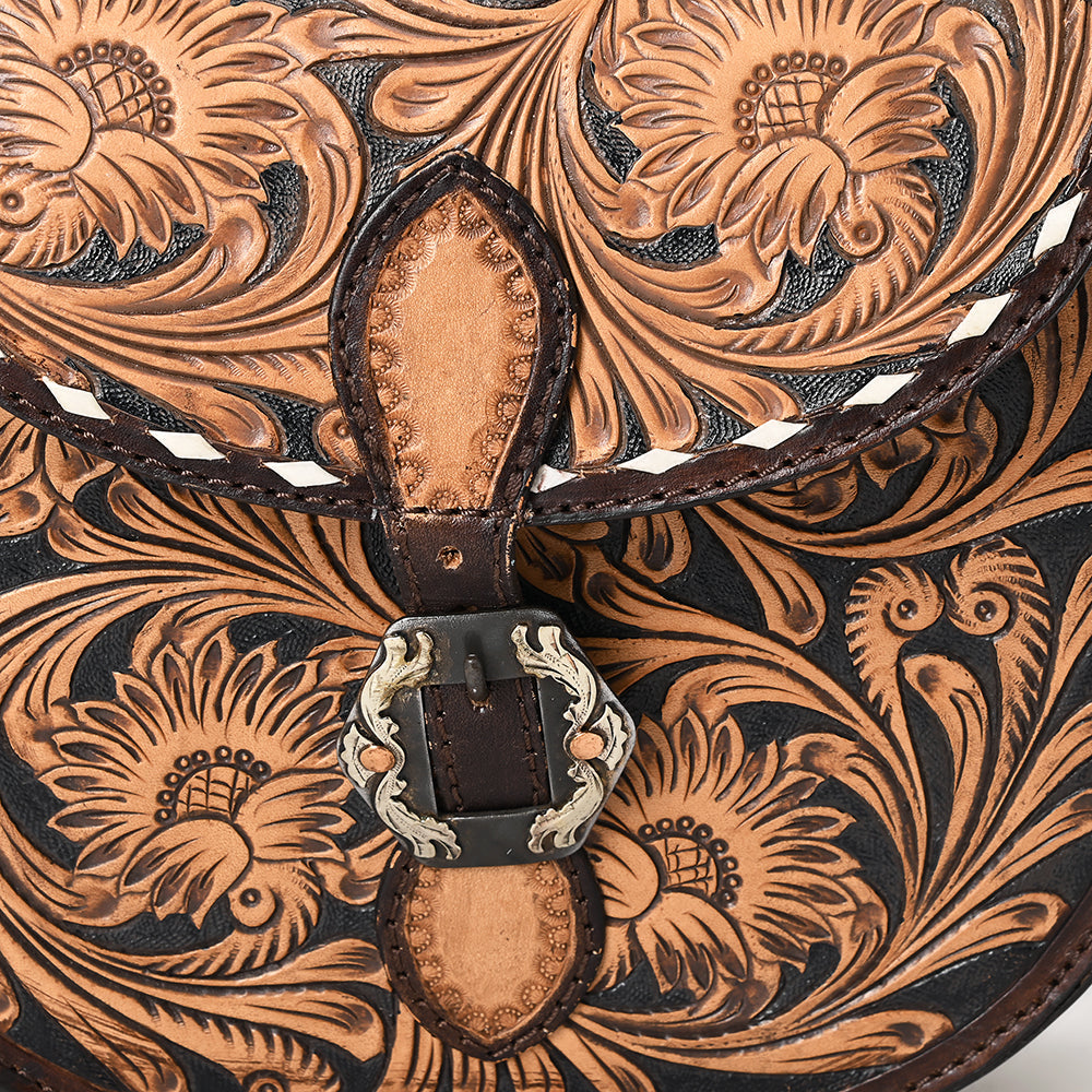 American Darling Western Leather Small Cross body Bag - Eco-Friendly Vegetable Tanned Full Grain Leather Hand Tooled Floral Carved Purse