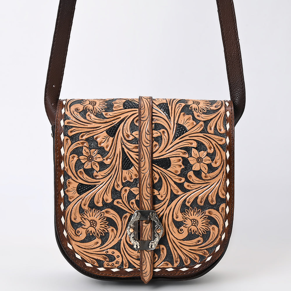 American Darling Western Leather Small Cross body Bag - Eco-Friendly Vegetable Tanned Full Grain Leather Hand Tooled Floral Carved Purse