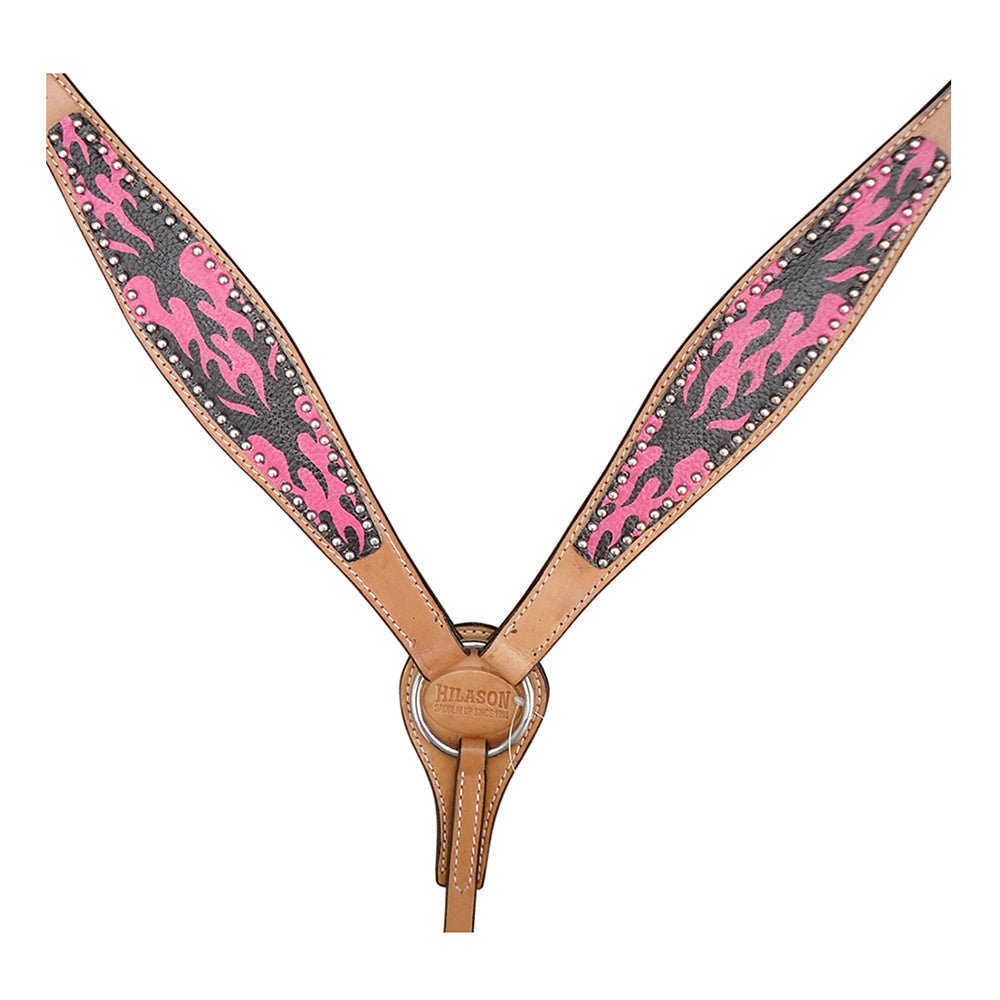 HILASON Western Horse Leather Headstall & Breast Collar Tack Set Pink Flame
