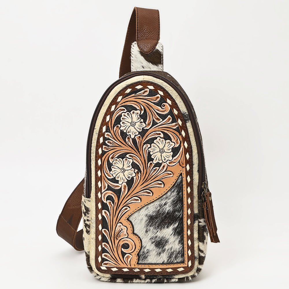 American Darling Hand Tooled Floral Carved Hair-On Cowhide Leather Sling Bag Eco-Friendly Genuine Leather Western Crossbody