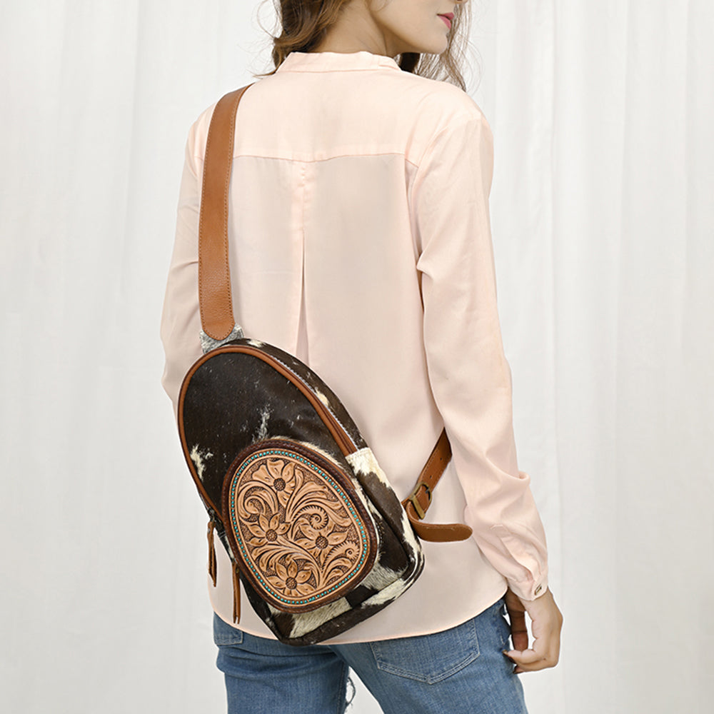 American Darling Hand-Tooled Hair-On Genuine Leather Sling Bag