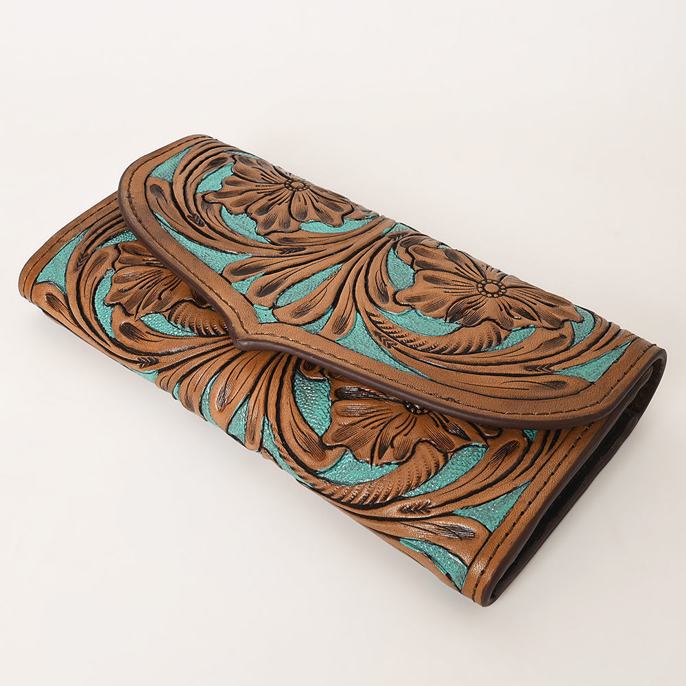 OHLAY Turquoise Floral Hand-Tooled Leather Wallet
