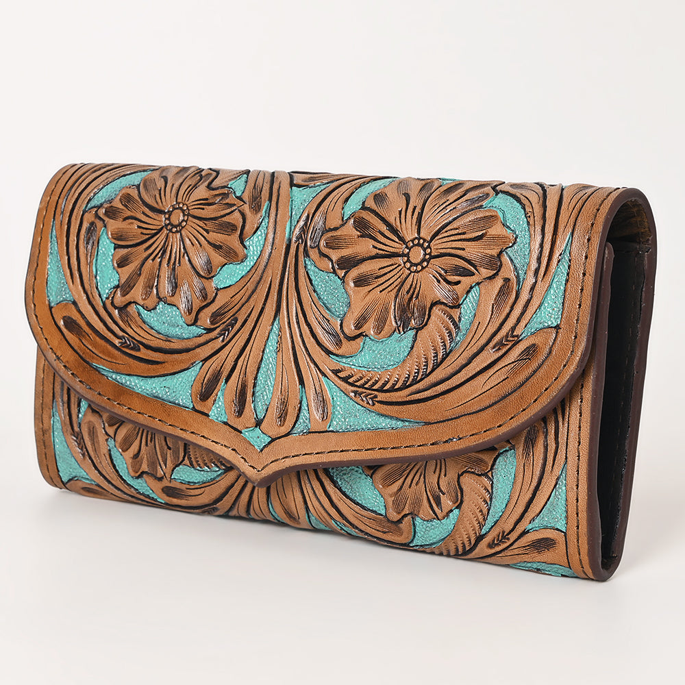 OHLAY Turquoise Floral Hand-Tooled Leather Wallet