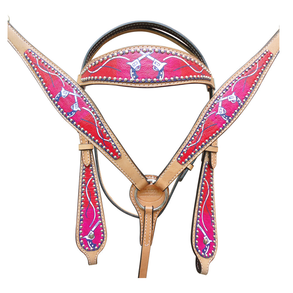 HILASON Western Horse Genuine American Leather Headstall & Breast Collar Set Red Croos Gun Printed