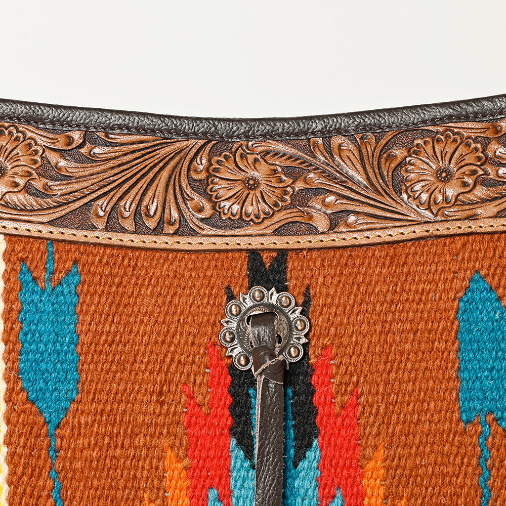 OHLAY Hand-Tooled Upcycled Wool Genuine Leather Hobo Bag