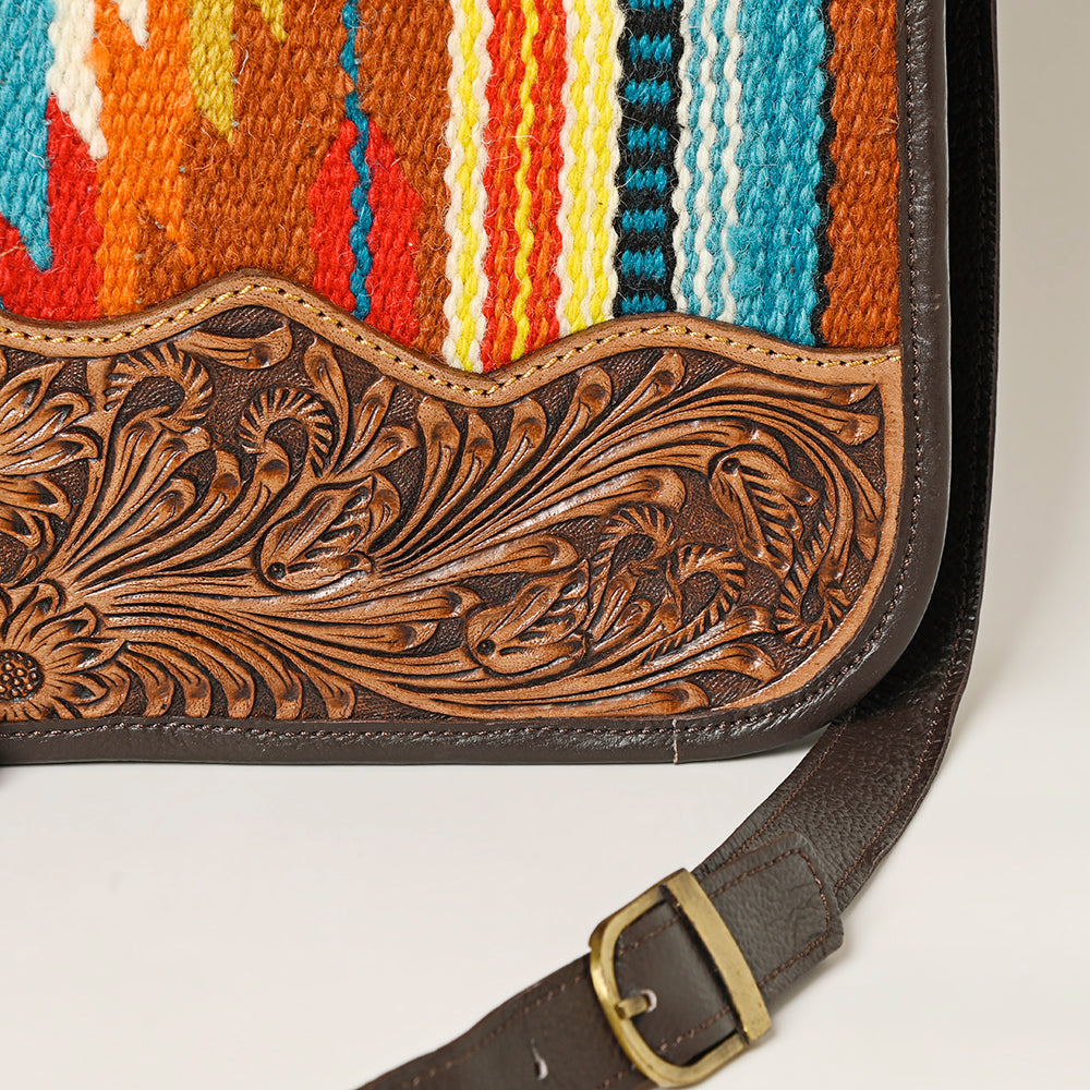 OHLAY Hand-Tooled Upcycled Wool Genuine Leather Hobo Bag