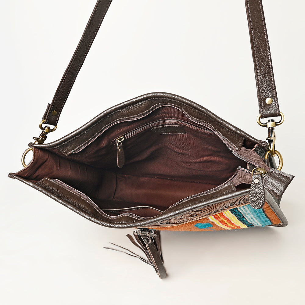 OHLAY Hand-Tooled Upcycled Wool Genuine Leather Hobo Bag