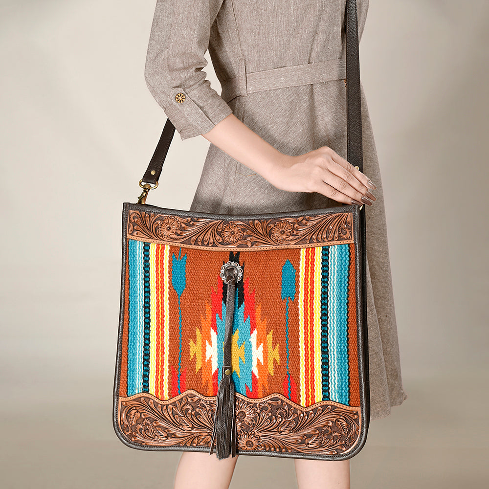 OHLAY Hand-Tooled Upcycled Wool Genuine Leather Hobo Bag