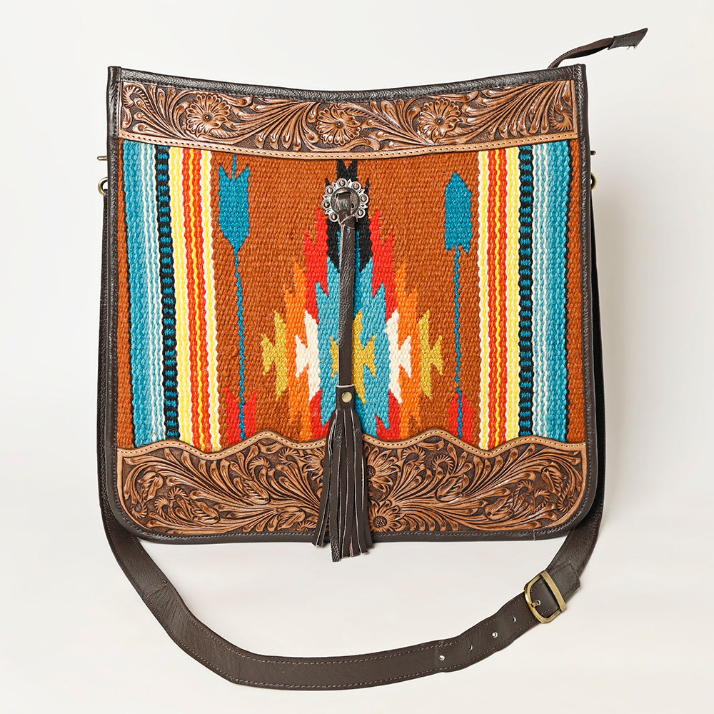 OHLAY Hand-Tooled Upcycled Wool Genuine Leather Hobo Bag