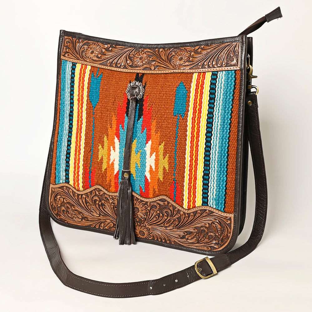 OHLAY Hand-Tooled Upcycled Wool Genuine Leather Hobo Bag