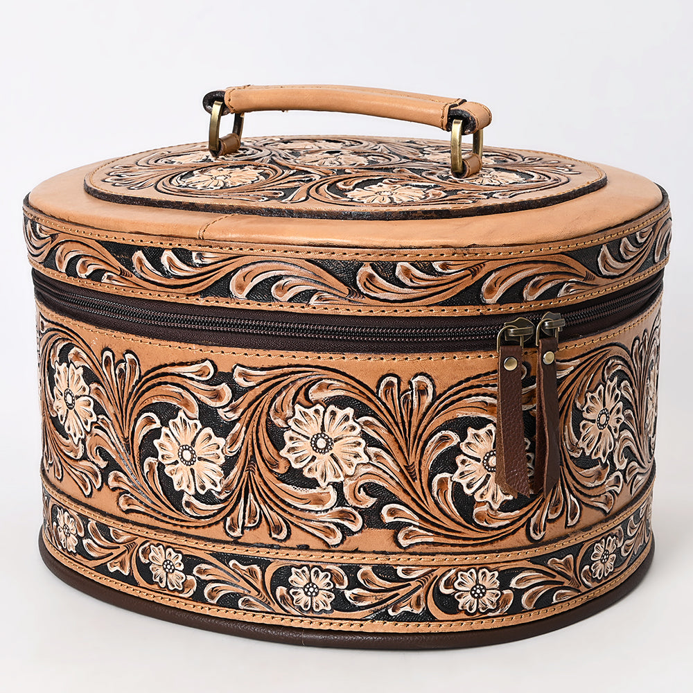 American Darling Hand Tooled Floral Carved Leather Jewelry Case Vegetable-Tanned Genuine Leather YKK Zipper Western Storage