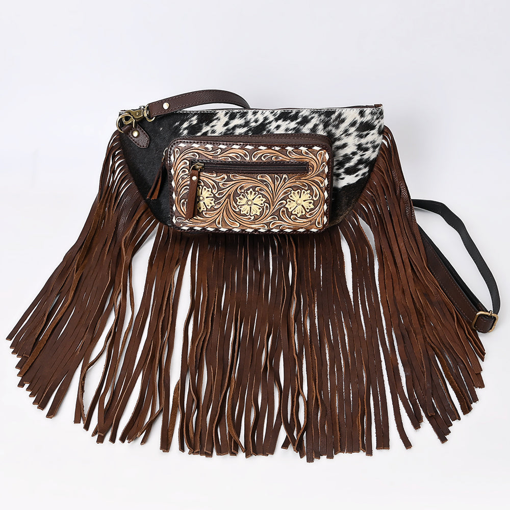 American Darling Fringed Hand Tooled Floral Carved Hair-On Cowhide Fanny Pack Eco-Friendly Genuine Leather Western Crossbody