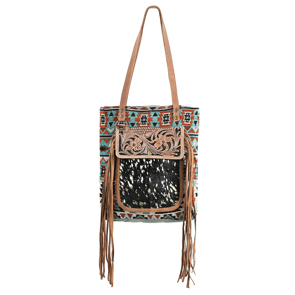 OHLAY Hand-Tooled Upcycled Wool Canvas Hair-On Genuine Leather Tote