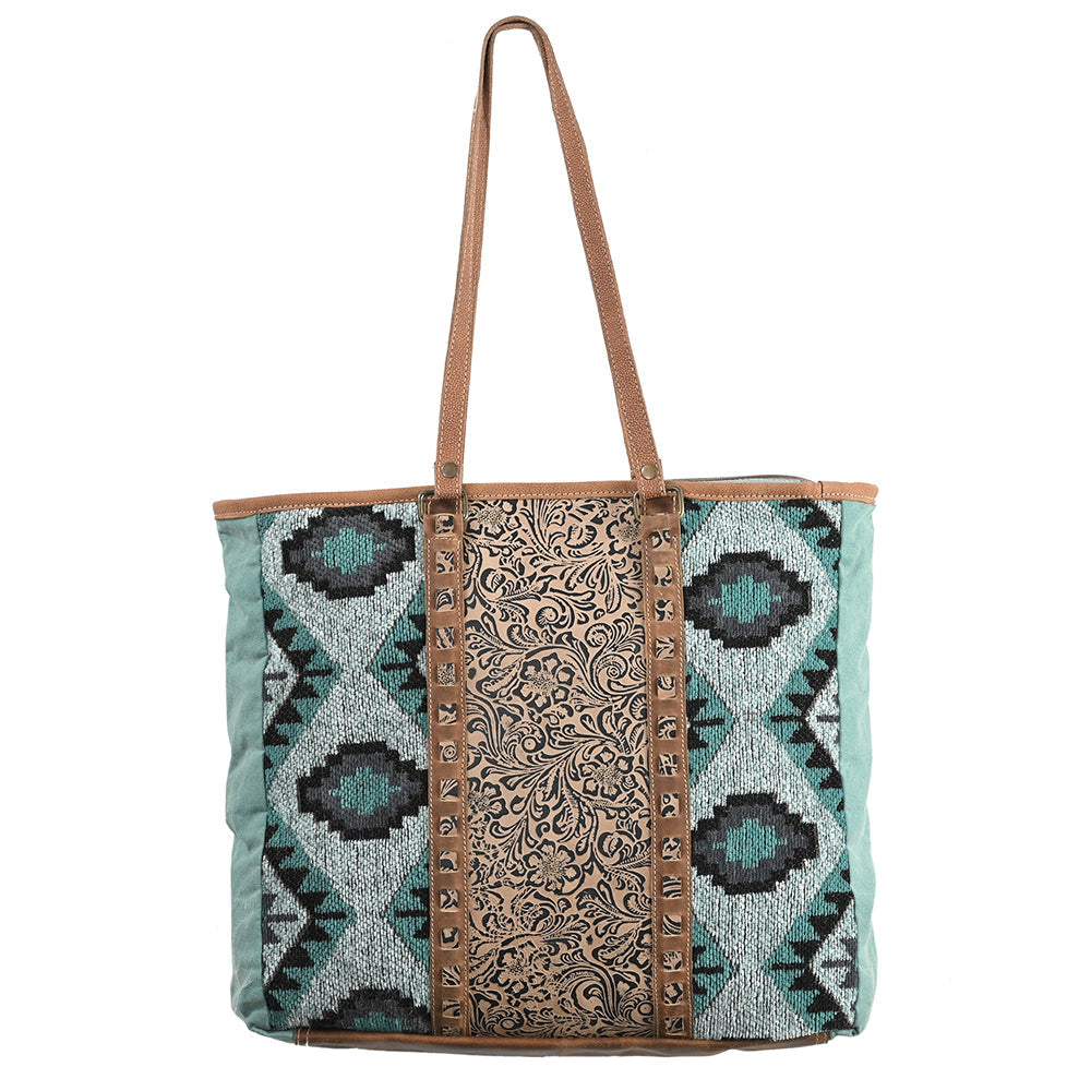 OHLAY Upcycled Wool Canvas Embossed Genuine Leather Tote