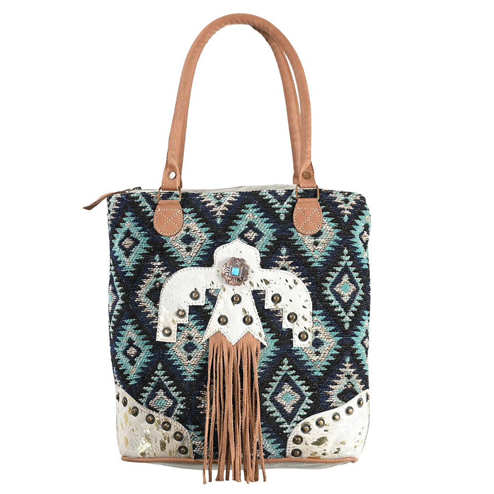 OHLAY Upcycled Wool Canvas Hair-On Genuine Leather Tote