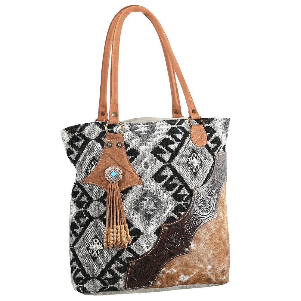 OHLAY Hand-Tooled Upcycled Wool Canvas Hair-On Genuine Leather Tote