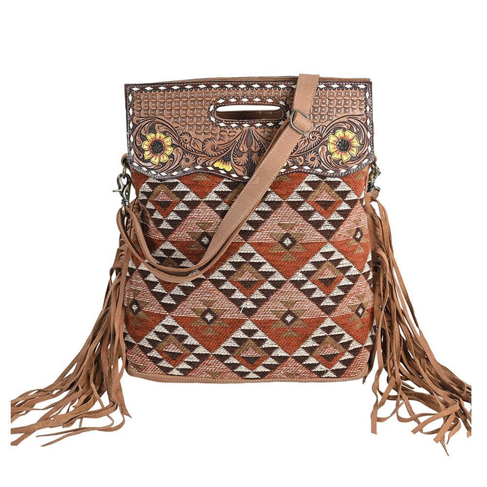 OHLAY Hand-Tooled Upcycled Wool Canvas Genuine Leather Tote