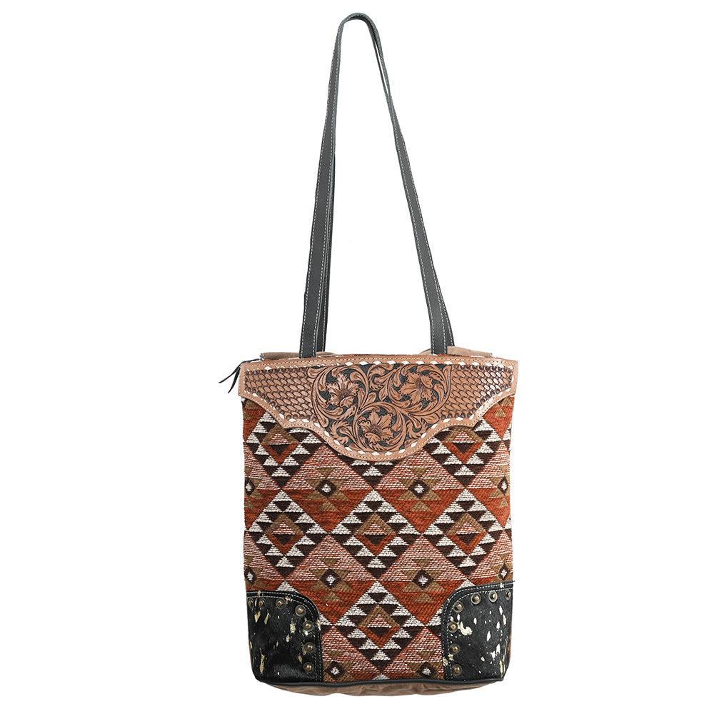 OHLAY Hand-Tooled Upcycled Wool Canvas Hair-On Genuine Leather Tote