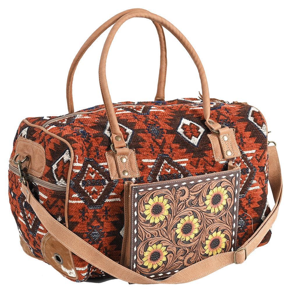 OHLAY Hand-Tooled Upcycled Wool Hair-On Genuine Leather Duffel Bag