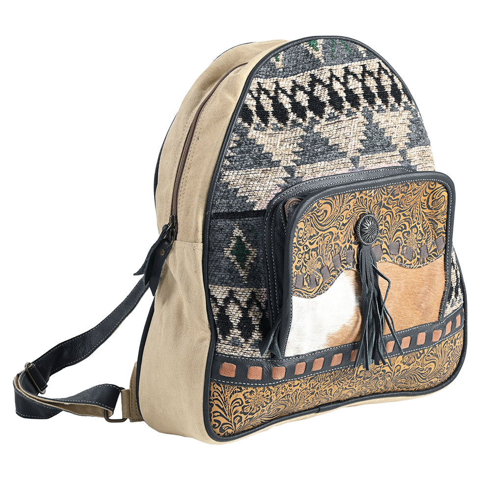 OHLAY Embossed Upcycled Canvas Hair-On Genuine Leather Backpack