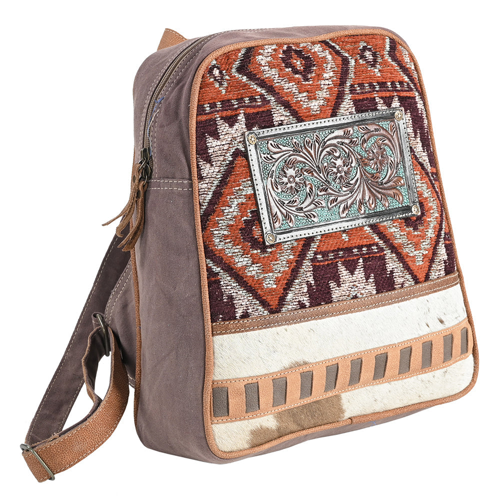 Ohlay Backpack Hand Tooled Upcycled Canvas Hair-On Genuine Leather