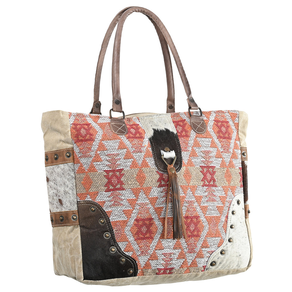 OHLAY Upcycled Wool Canvas Hair-On Genuine Leather Tote
