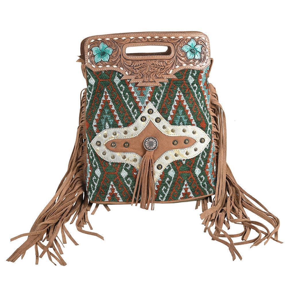 OHLAY Hand-Tooled Upcycled Wool Canvas Hair-On Genuine Leather Crossbody Bag
