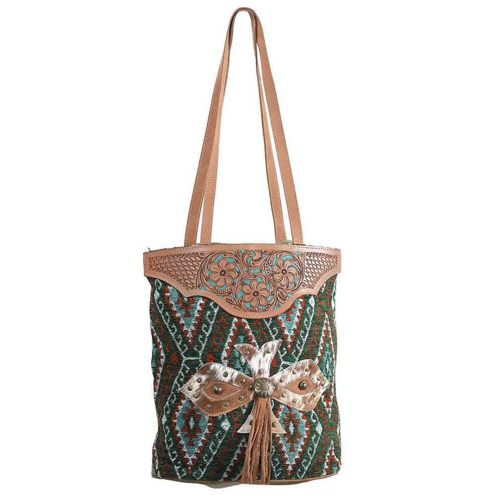 Ohlay Tote Hand Tooled Upcycled Wool Upcycled Canvas Hair-on Genuine Leather