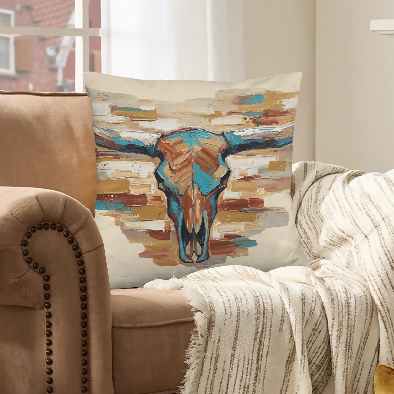 Baha Ranch Painted Tan Longhorn Velvety Soft Pillow Case Made in America by Baha Ranch Western Wear