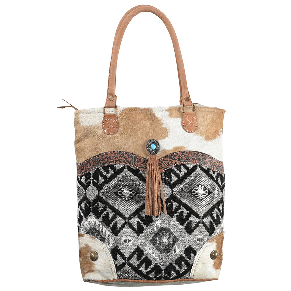OHLAY Upcycled Wool Canvas Embossed Hair-On Genuine Leather Tote