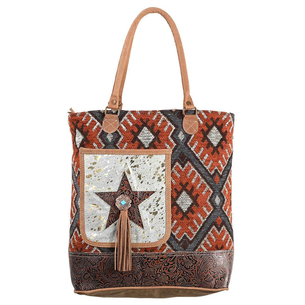 OHLAY Upcycled Wool Canvas Embossed Hair-On Genuine Leather Tote
