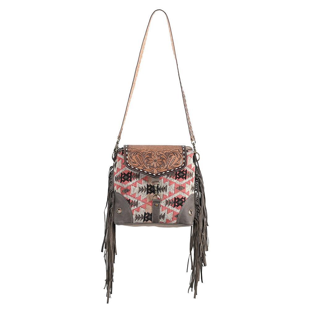 OHLAY Hand-Tooled Upcycled Wool Canvas Genuine Leather Crossbody Bag