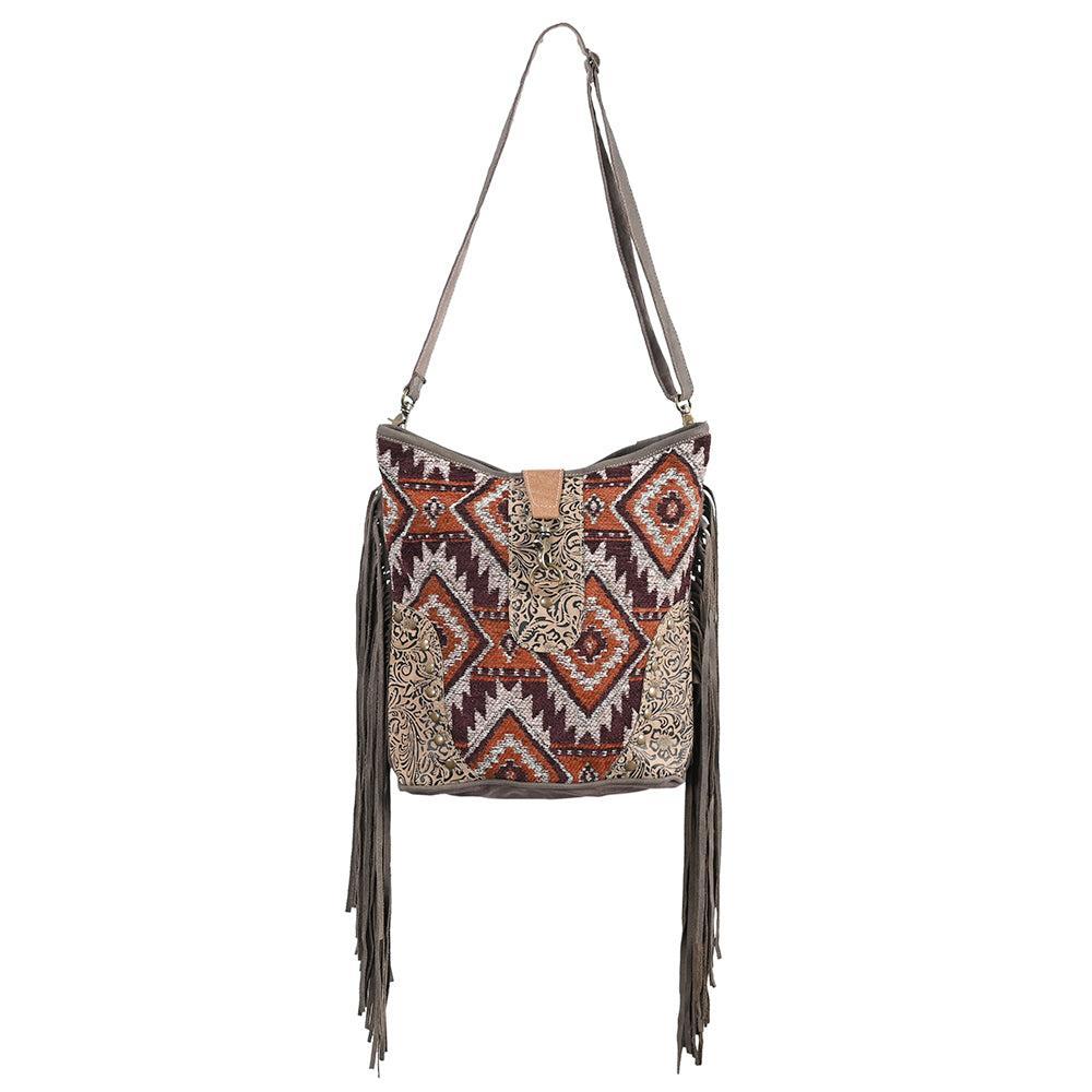 OHLAY Embossed Upcycled Wool Canvas Genuine Leather Crossbody Bag