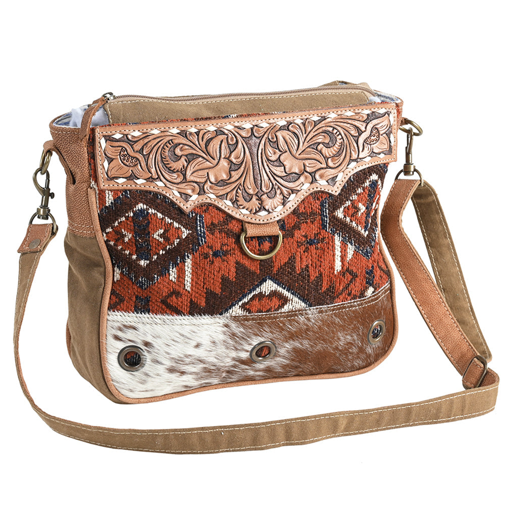OHLAY Hand-Tooled Upcycled Wool Canvas Hair-On Genuine Leather Crossbody Bag