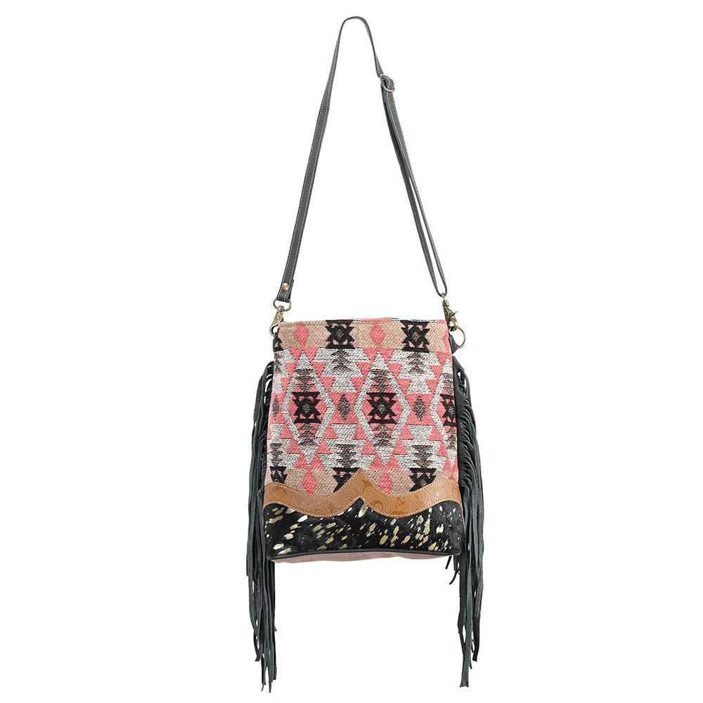 OHLAY Embossed Upcycled Wool Canvas Hair-On Genuine Leather Crossbody Bag