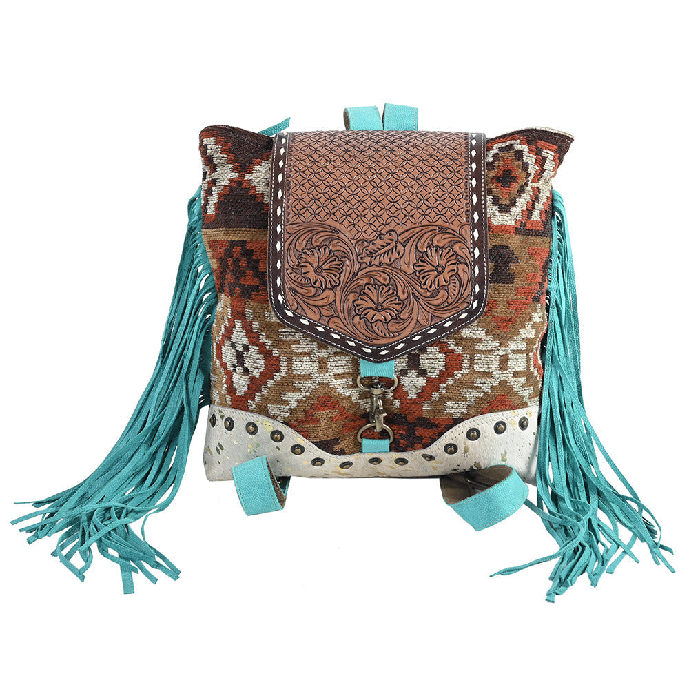 Ohlay Backpack Hand Tooled Upcycled Wool Upcycled Canvas Hair-On Genuine Leather