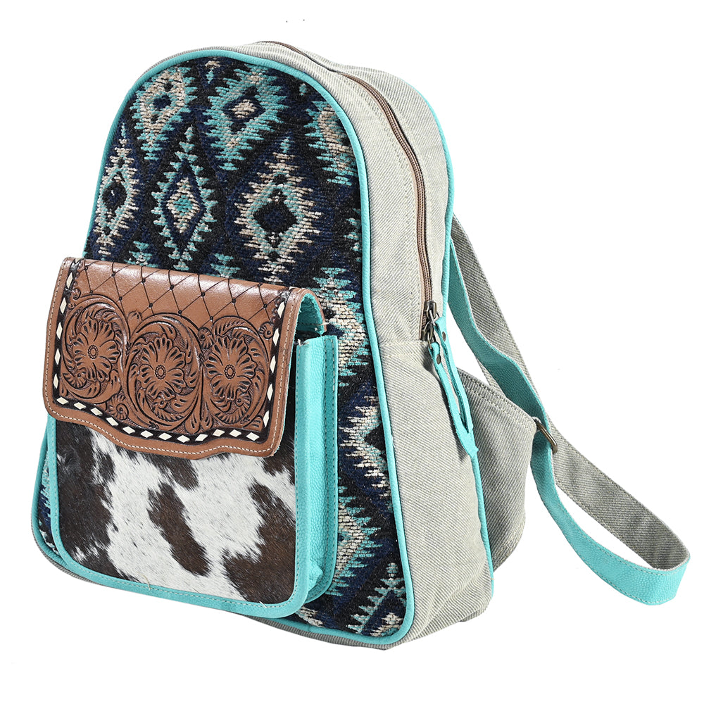 OHLAY Hand-Tooled Upcycled Wool Canvas Hair-On Genuine Leather Backpack