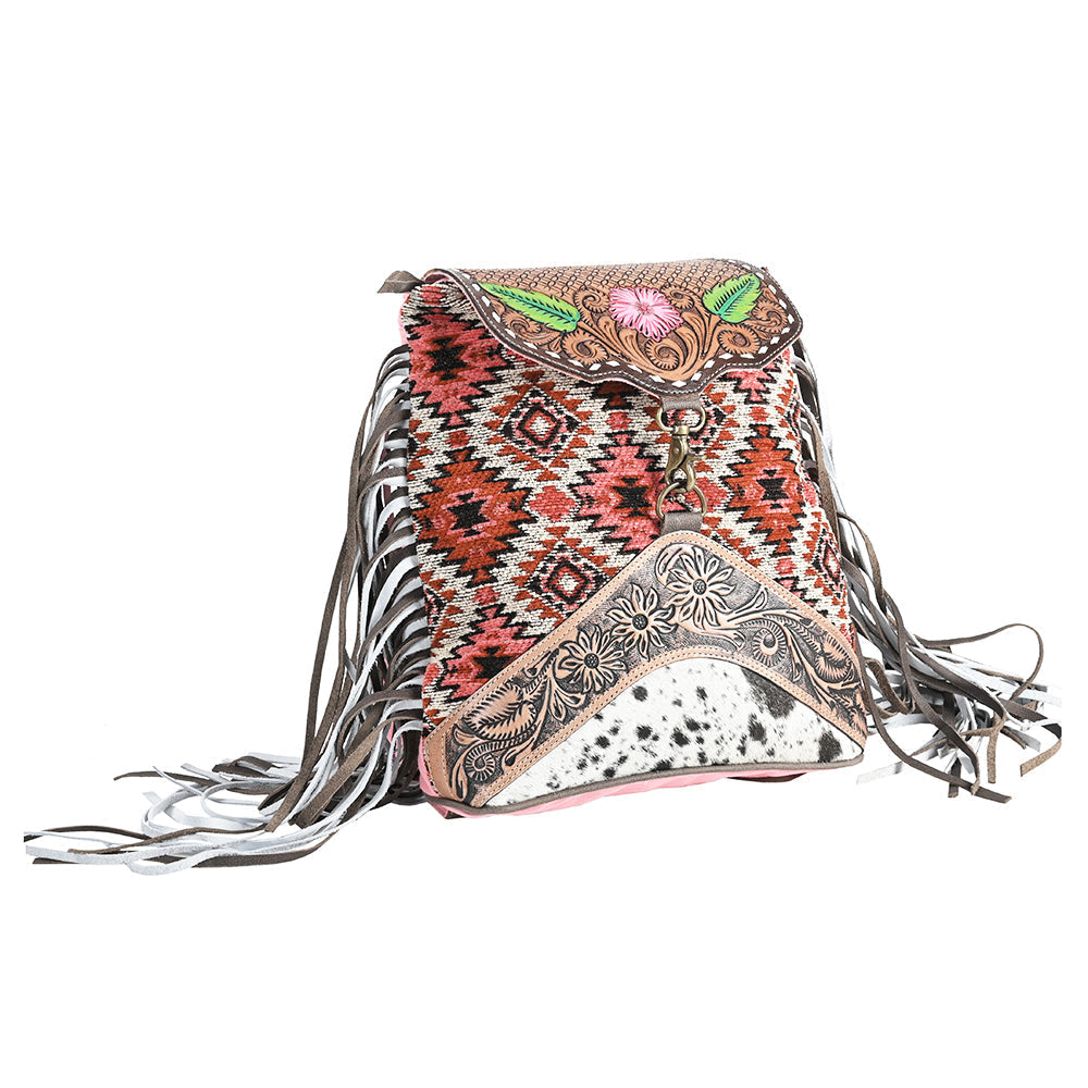 OHLAY Hand-Tooled Upcycled Wool Canvas Hair-On Genuine Leather Backpack