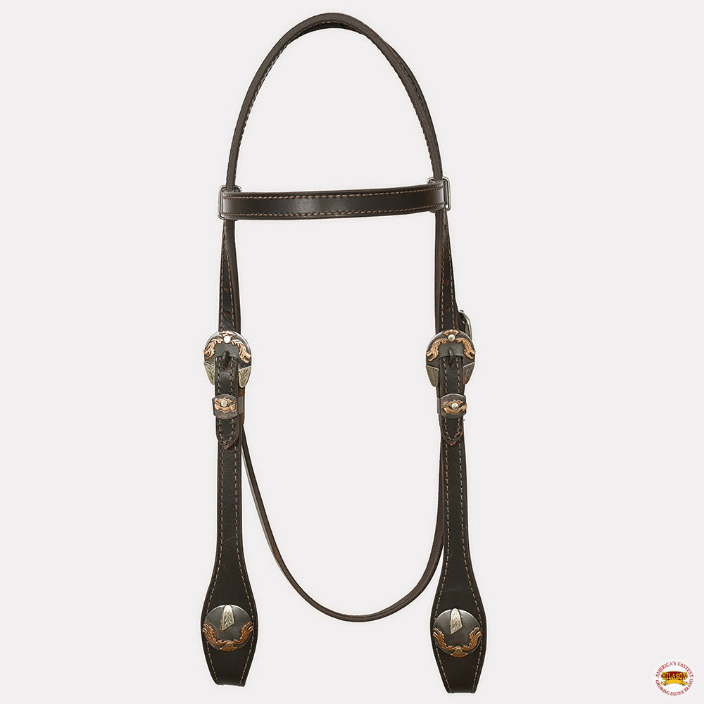 Hilason Western Horse Genuine Leather Headstall Bridle Engraved German Silver Concho Brown