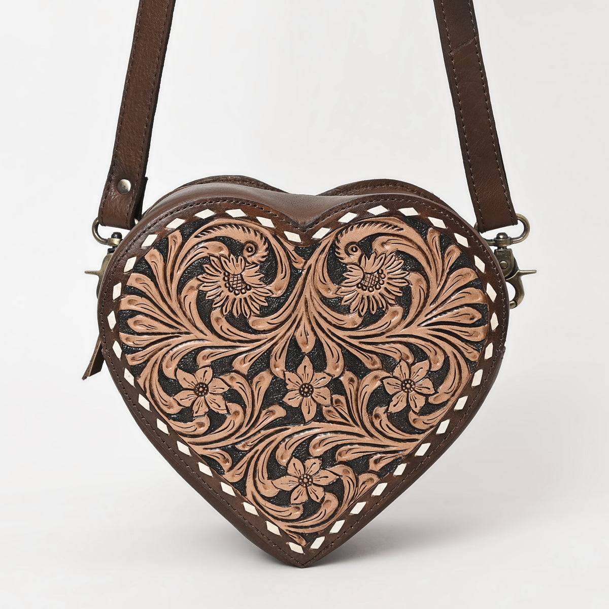 American Darling Hand Tooled Floral Carved Canteen Bag Vegetable-Tanned Genuine Leather Western Crossbody with YKK Zipper