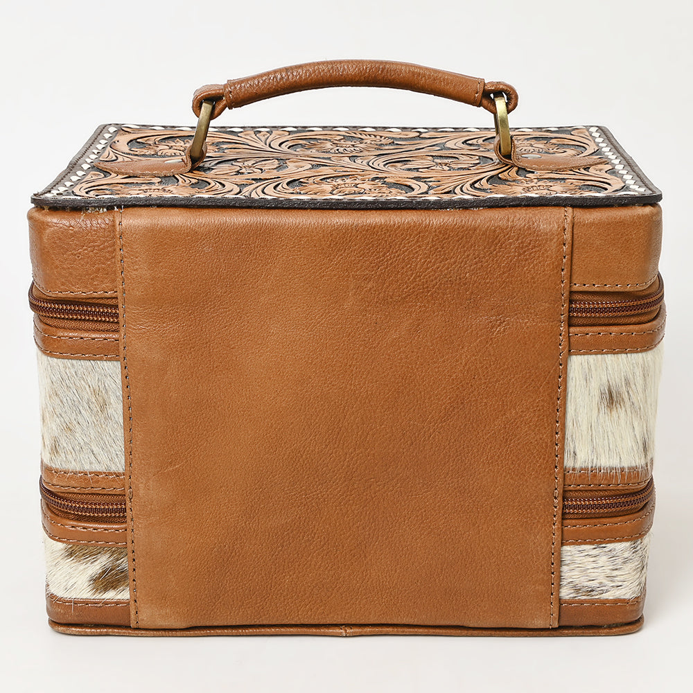 American Darling Hair-On Cowhide Hand Tooled Floral Carved Leather Jewelry Case Genuine Western Leather with YKK Zipper