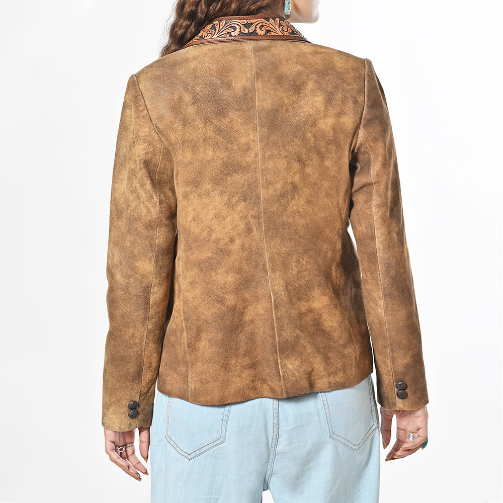 American Darling Women’s Premium Genuine Leather Blazer - Hand-Tooled Western Lapel Jacket, Vintage Brown Cowgirl Coat
