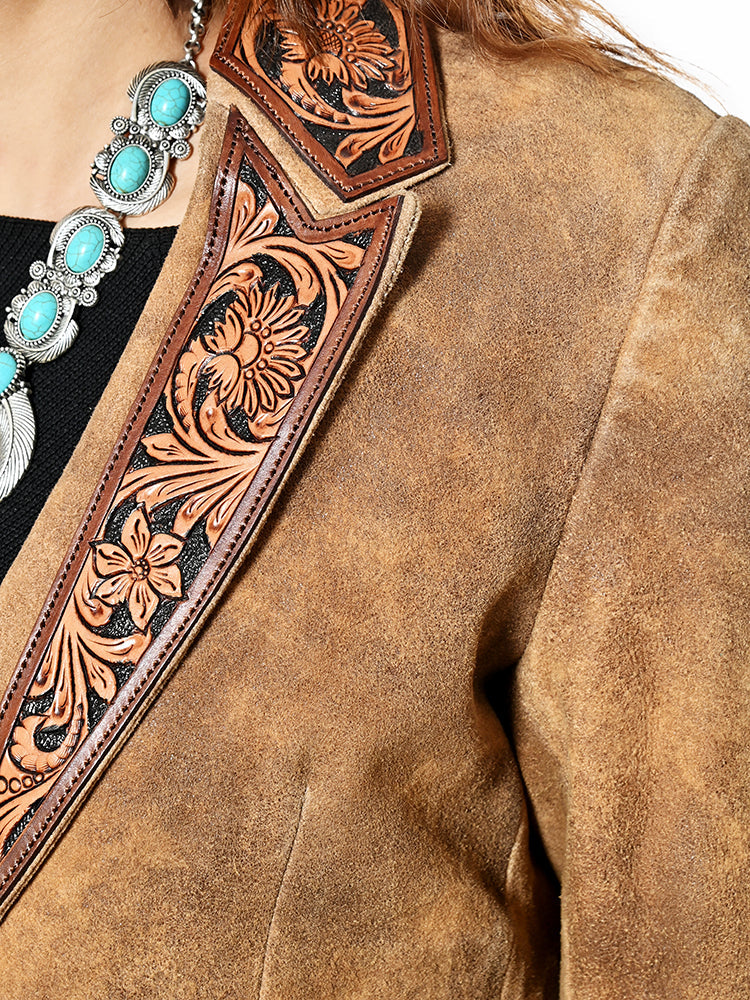 American Darling Women’s Premium Genuine Leather Blazer - Hand-Tooled Western Lapel Jacket, Vintage Brown Cowgirl Coat