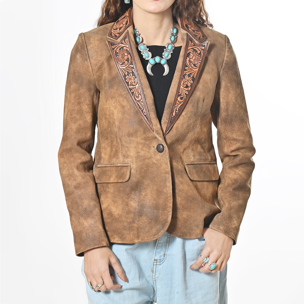American Darling Women’s Premium Genuine Leather Blazer - Hand-Tooled Western Lapel Jacket, Vintage Brown Cowgirl Coat