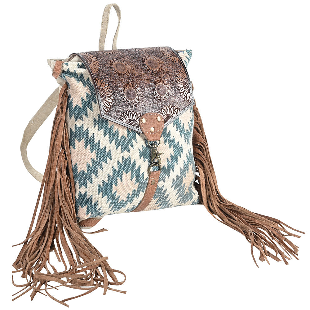 OHLAY Hand-Tooled Upcycled Canvas Genuine Leather Backpack