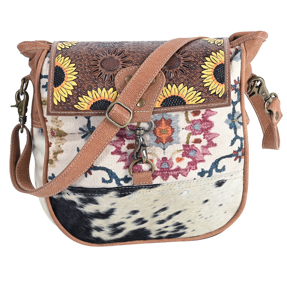 OHLAY Hand-Tooled Upcycled Canvas Hair-On Leather Crossbody