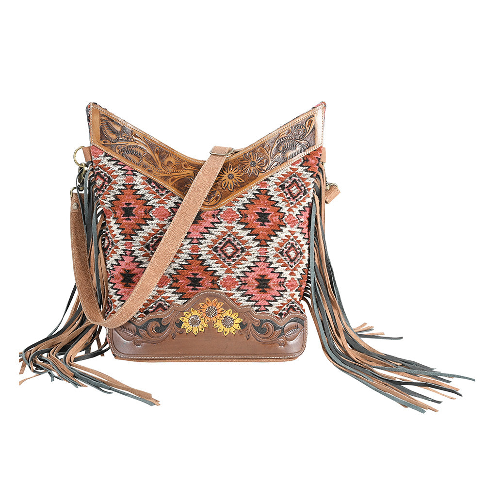 OHLAY Hand-Tooled Upcycled Wool Canvas Genuine Leather Crossbody Bag