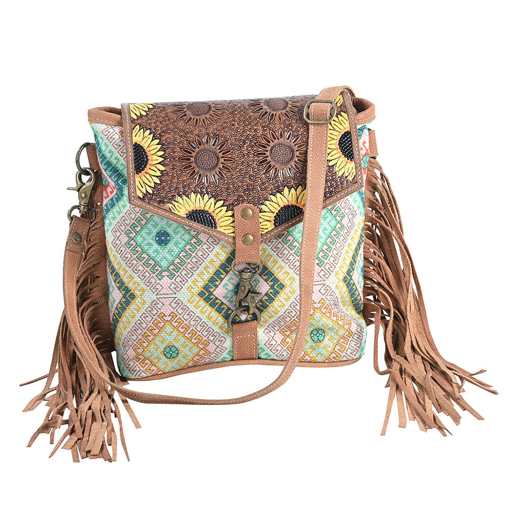 OHLAY Hand-Tooled Upcycled Canvas Genuine Leather Crossbody Bag