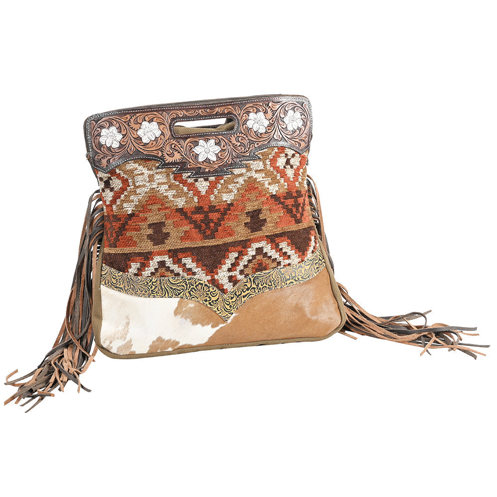 Ohlay Tote Hand Tooled Upcycled Wool Embossed Hair-on Genuine Leather