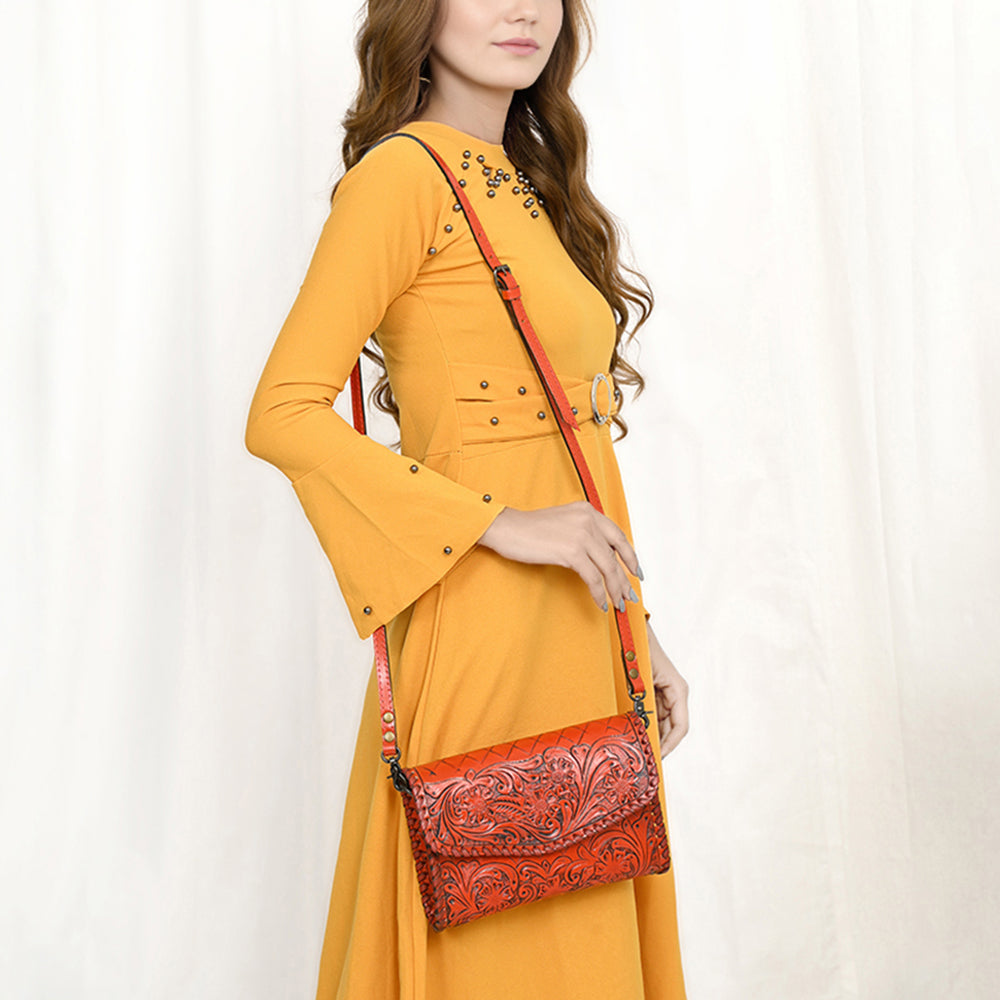 American Darling Western Leather Crossbody Bag Hand Tooled Floral Carved Shoulder Purse with Whipstitch Detail & Adjustable Strap for Women